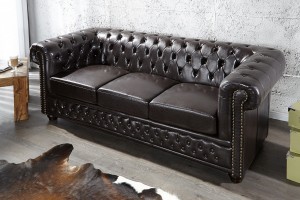 Canapé 3 places design chesterfield capitonné en simili cuir marron