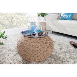 Pouf design BOULE de 50 cm coloris café en coton tricoté