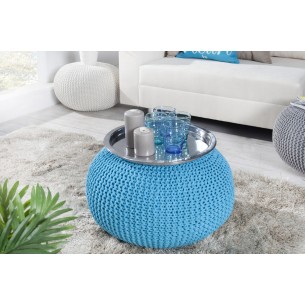 Pouf design BOULE de 50cm coloris turquoise en coton tricoté