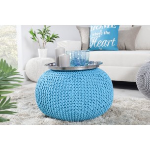 Pouf design BOULE de 50cm coloris turquoise en coton tricoté