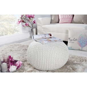 Pouf design BOULE de 50cm coloris blanc en coton tricoté
