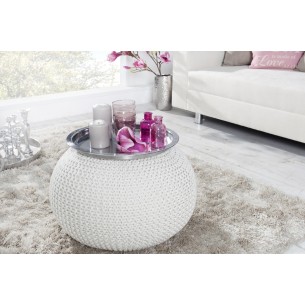 Pouf design BOULE de 50cm coloris blanc en coton tricoté