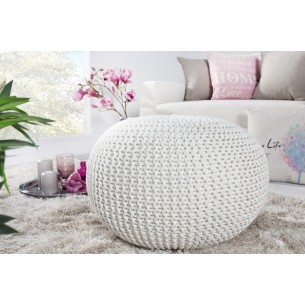 Pouf design BOULE de 50cm coloris blanc en coton tricoté
