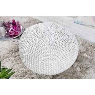 Pouf design BOULE de 50cm coloris blanc en coton tricoté