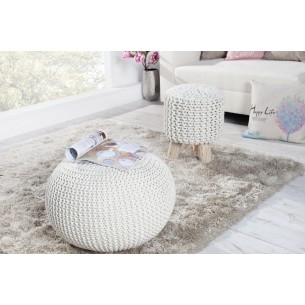 Pouf design BOULE de 50cm coloris blanc en coton tricoté