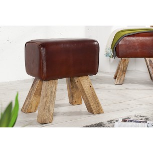 Tabouret design en bois revêtu en vrai cuir marron Tabouret design en bois revêtu en vrai cuir marron