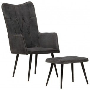 Chaise à oreilles avec repose-pied Noir vintage Toile
