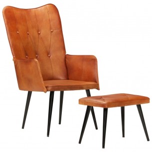 Chaise à oreilles avec repose-pied Brun roux Cuir véritable
