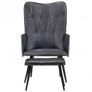 Chaise à oreilles avec repose-pied Gris Cuir véritable