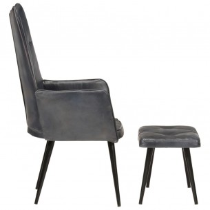 Chaise à oreilles avec repose-pied Gris Cuir véritable