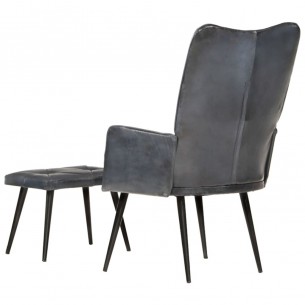 Chaise à oreilles avec repose-pied Gris Cuir véritable