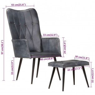 Chaise à oreilles avec repose-pied Gris Cuir véritable