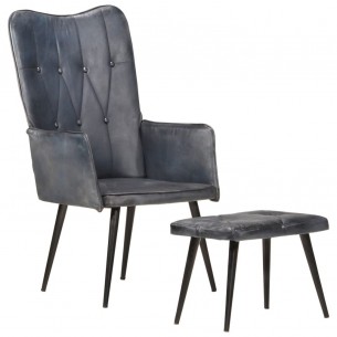 Chaise à oreilles avec repose-pied Gris Cuir véritable