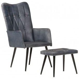 Chaise à oreilles avec repose-pied Gris Cuir véritable