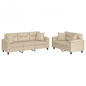 Ensemble de canapés 2 pcs avec coussins Crème Tissu microfibre