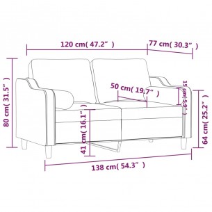 Canapé 2 places avec oreillers bordeaux 120 cm tissu