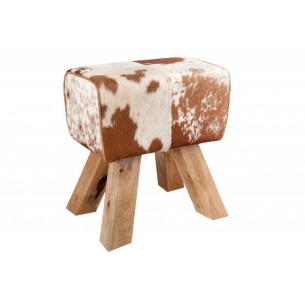 Tabouret design rustique en vraie fourrure teinté marron et blanc