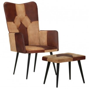 Fauteuil avec repose-pieds Marron Cuir véritable et toile