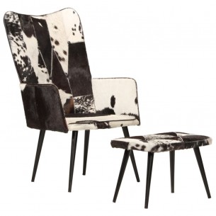 Chaise à oreilles avec repose-pied Noir Cuir véritable