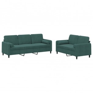 Ensemble de canapés 2 pcs avec coussins vert foncé velours