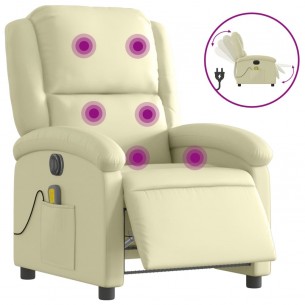 Fauteuil de massage inclinable électrique crème cuir véritable
