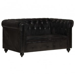 Canapé Chesterfield à 2 places Noir Cuir véritable