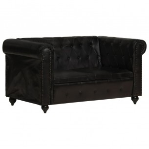 Canapé Chesterfield à 2 places Noir Cuir véritable