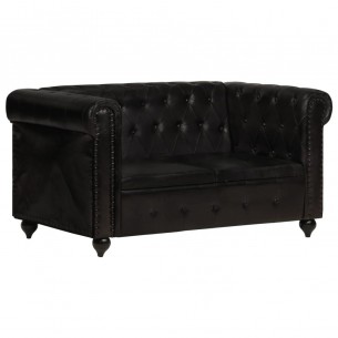Canapé Chesterfield à 2 places Noir Cuir véritable