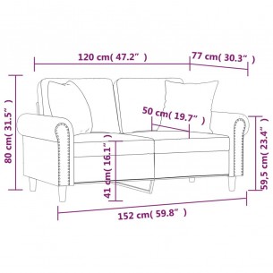 Canapé 2 places avec oreillers bordeaux 120 cm velours