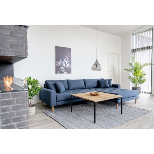 Canapé d'angle droit reversible coloris bleu foncé en tissu avec des pieds en bois naturel