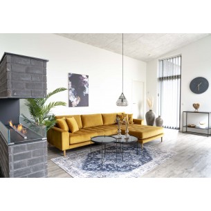 Canapé d'angle droit design en velours jaune moutarde avec des pieds en bois naturel Canapé d'angle droit design en velours jaune moutarde avec des pieds en bois naturel