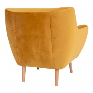 Fauteuil design scandinave en tissu moutarde avec pieds en bois naturel Fauteuil design scandinave en tissu moutarde avec pieds en bois naturel