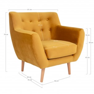 Fauteuil design scandinave en tissu moutarde avec pieds en bois naturel Fauteuil design scandinave en tissu moutarde avec pieds en bois naturel