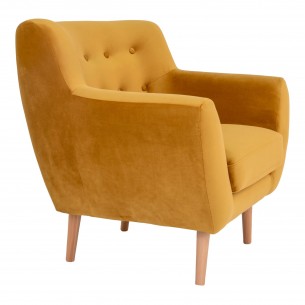 Fauteuil design scandinave en tissu moutarde avec pieds en bois naturel Fauteuil design scandinave en tissu moutarde avec pieds en bois naturel
