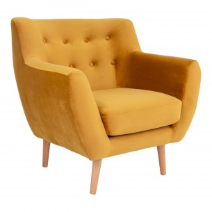 Fauteuil design scandinave en tissu moutarde avec pieds en bois naturel Fauteuil design scandinave en tissu moutarde avec pieds en bois naturel