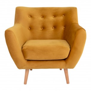 Fauteuil design scandinave en tissu moutarde avec pieds en bois naturel Fauteuil design scandinave en tissu moutarde avec pieds en bois naturel