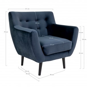 Fauteuil design scandinave en tissu bleu de nuit avec pieds en bois naturel Fauteuil design scandinave en tissu bleu de nuit avec pieds en bois naturel