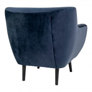 Fauteuil design scandinave en tissu bleu de nuit avec pieds en bois naturel Fauteuil design scandinave en tissu bleu de nuit avec pieds en bois naturel