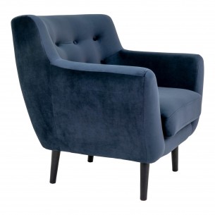 Fauteuil design scandinave en tissu bleu de nuit avec pieds en bois naturel Fauteuil design scandinave en tissu bleu de nuit avec pieds en bois naturel