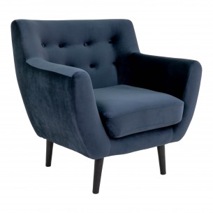 Fauteuil design scandinave en tissu bleu de nuit avec pieds en bois naturel Fauteuil design scandinave en tissu bleu de nuit avec pieds en bois naturel