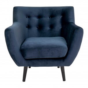 Fauteuil design scandinave en tissu bleu de nuit avec pieds en bois naturel Fauteuil design scandinave en tissu bleu de nuit avec pieds en bois naturel