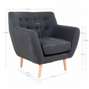 Fauteuil design scandinave en tissu gris foncé avec pieds en bois naturel Fauteuil design scandinave en tissu gris foncé avec pieds en bois naturel