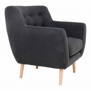 Fauteuil design scandinave en tissu gris foncé avec pieds en bois naturel Fauteuil design scandinave en tissu gris foncé avec pieds en bois naturel