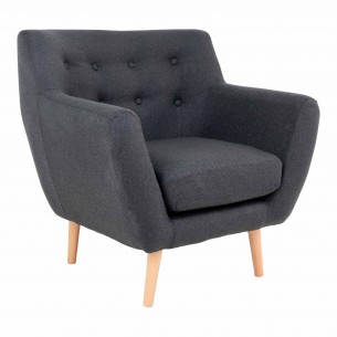 Fauteuil design scandinave en tissu gris foncé avec pieds en bois naturel Fauteuil design scandinave en tissu gris foncé avec pieds en bois naturel