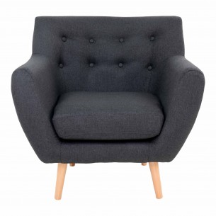 Fauteuil design scandinave en tissu gris foncé avec pieds en bois naturel Fauteuil design scandinave en tissu gris foncé avec pieds en bois naturel
