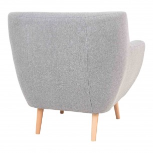 Fauteuil design scandinave en tissu gris claire avec pieds en bois naturel