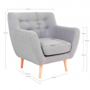 Fauteuil design scandinave en tissu gris claire avec pieds en bois naturel