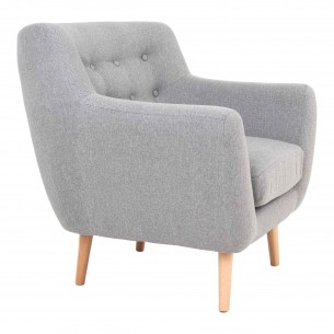 Fauteuil design scandinave en tissu gris claire avec pieds en bois naturel