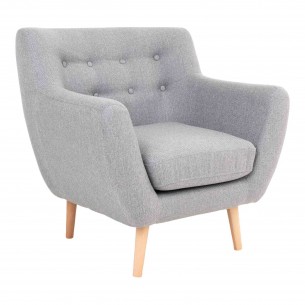 Fauteuil design scandinave en tissu gris claire avec pieds en bois naturel
