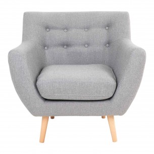 Fauteuil design scandinave en tissu gris claire avec pieds en bois naturel